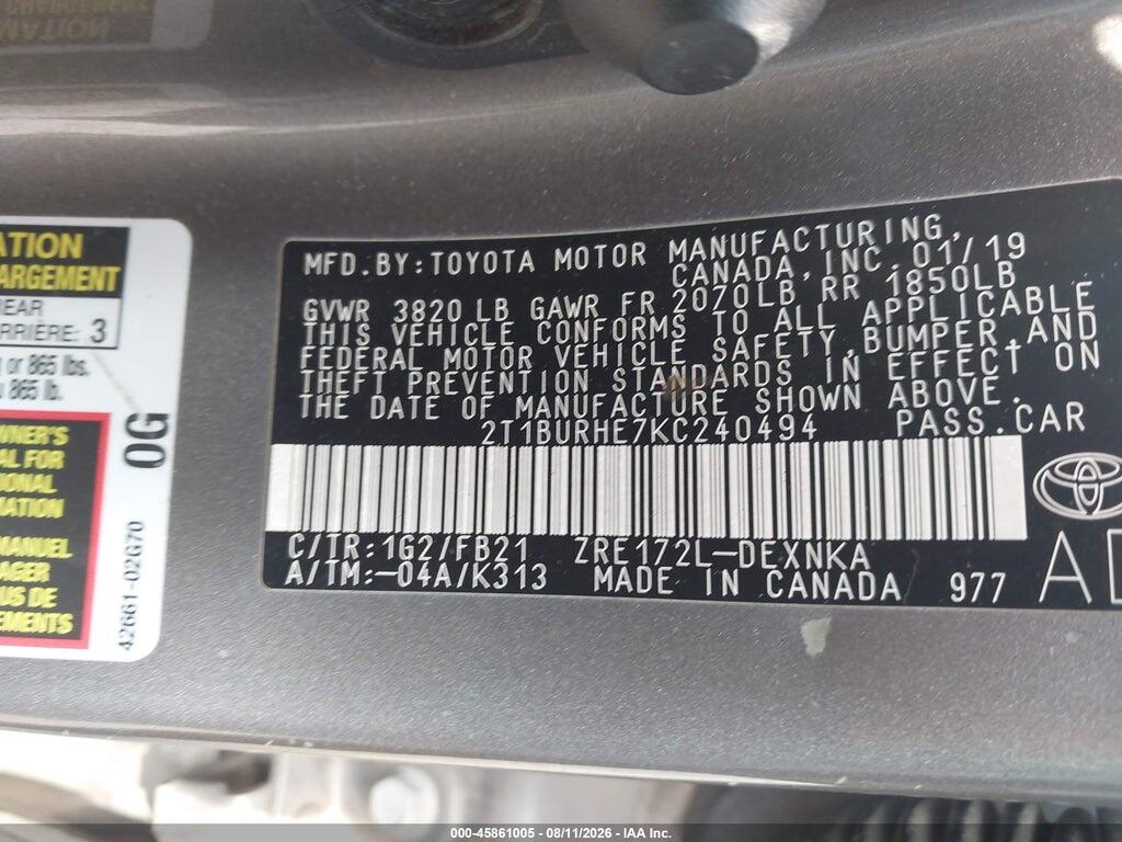 2T1BURHE7KC240494 2019 TOYOTA COROLLA photo no. 9