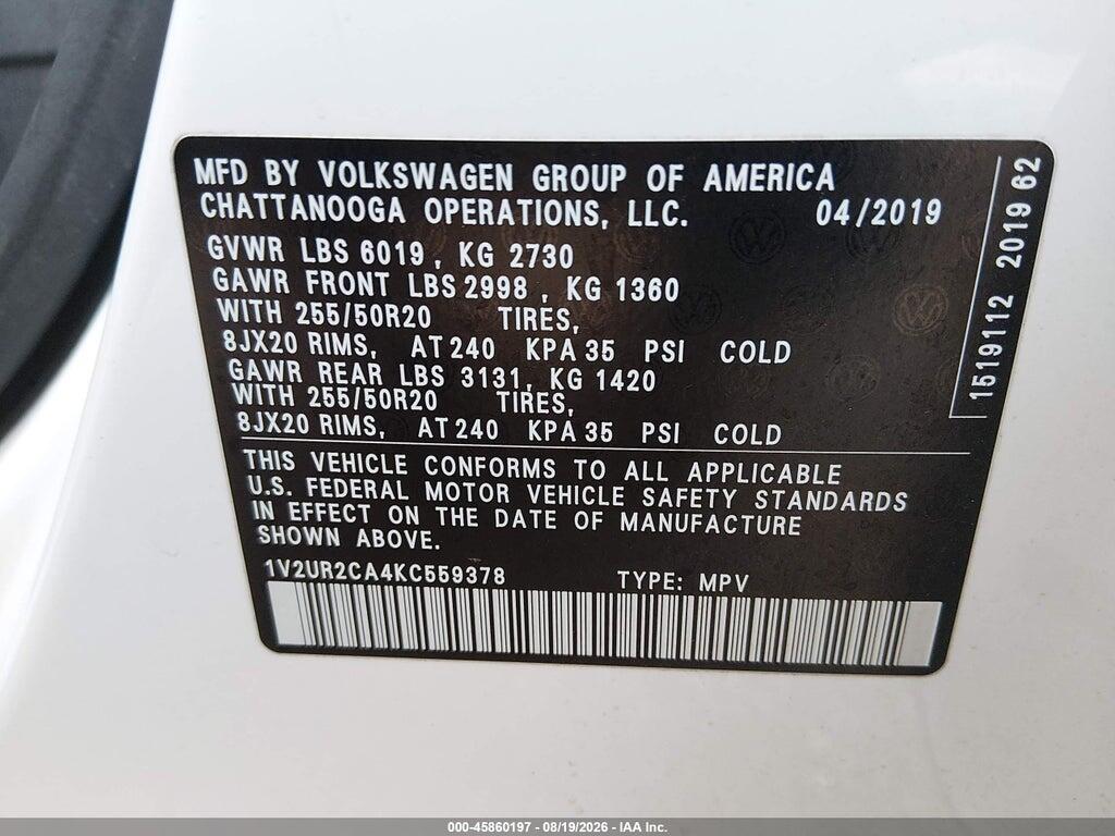 1V2UR2CA4KC559378 2019 VOLKSWAGEN ATLAS photo no. 9