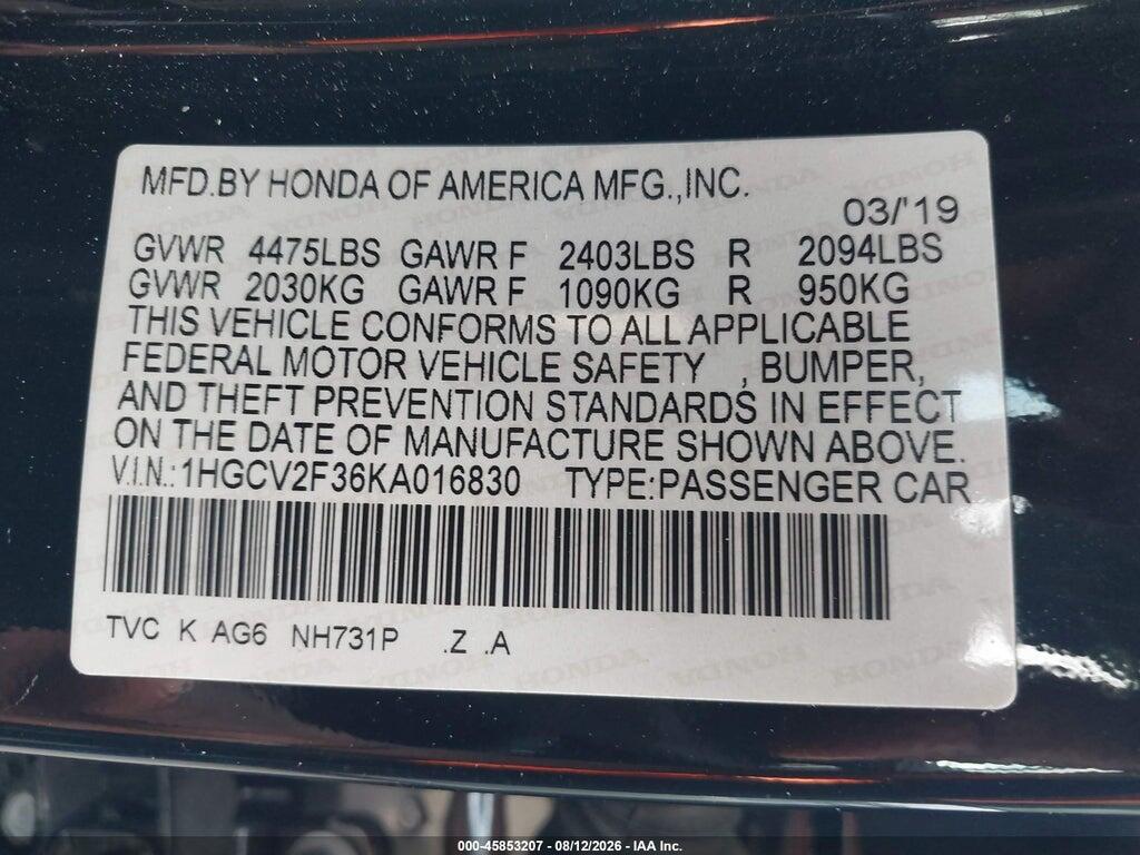 1HGCV2F36KA016830 2019 HONDA ACCORD photo no. 9