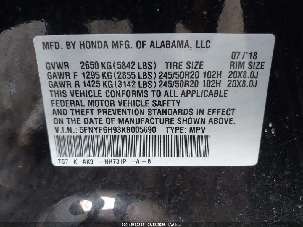 5FNYF6H93KB005690 2019 HONDA PILOT photo no. 9