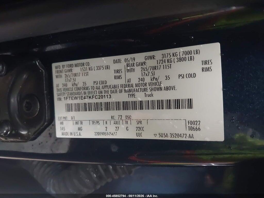 1FTEW1E47KFC20113 2019 FORD F-150 photo no. 9