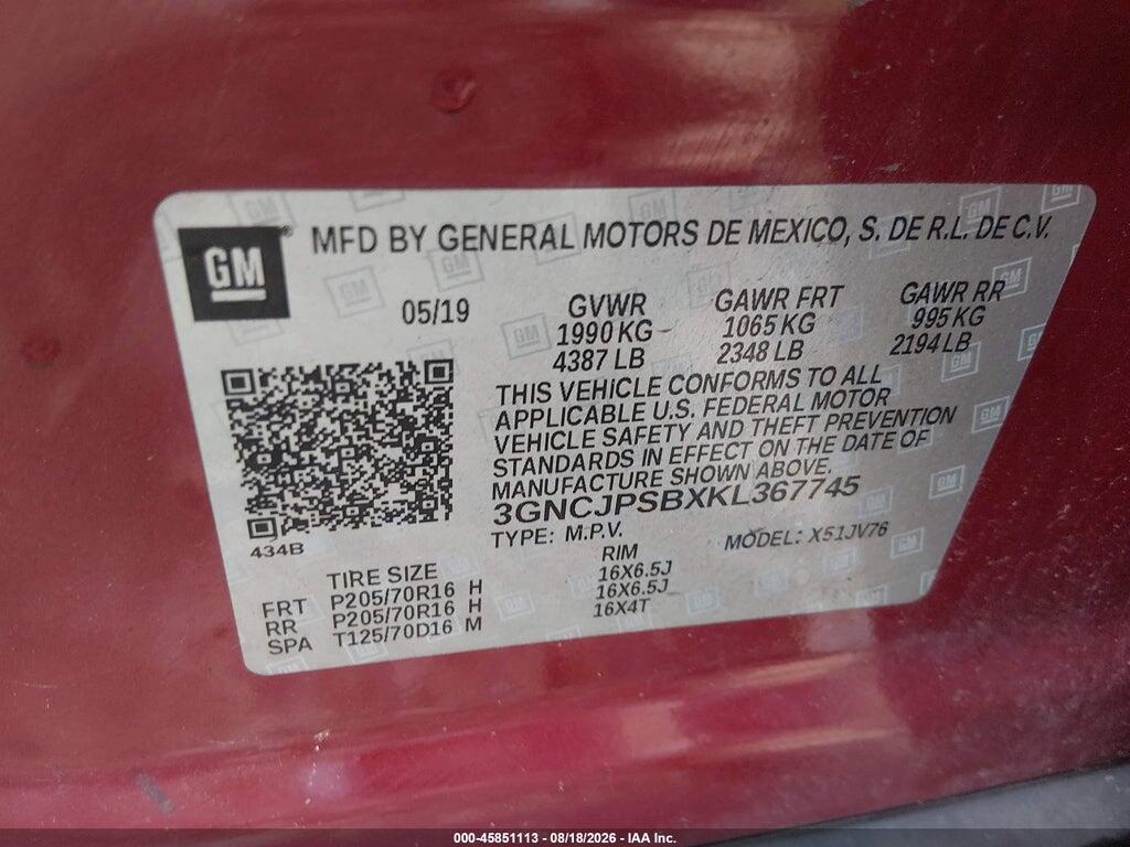 3GNCJPSBXKL367745 2019 CHEVROLET TRAX photo no. 9