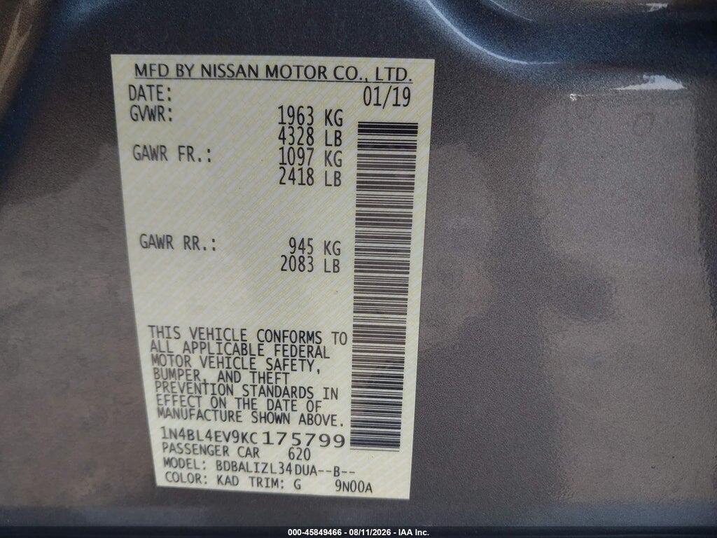 1N4BL4EV9KC175799 2019 NISSAN ALTIMA photo no. 9