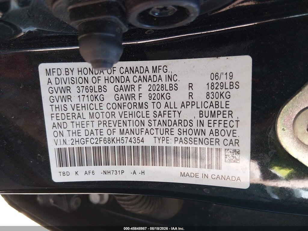 2HGFC2F68KH574354 2019 HONDA CIVIC photo no. 9