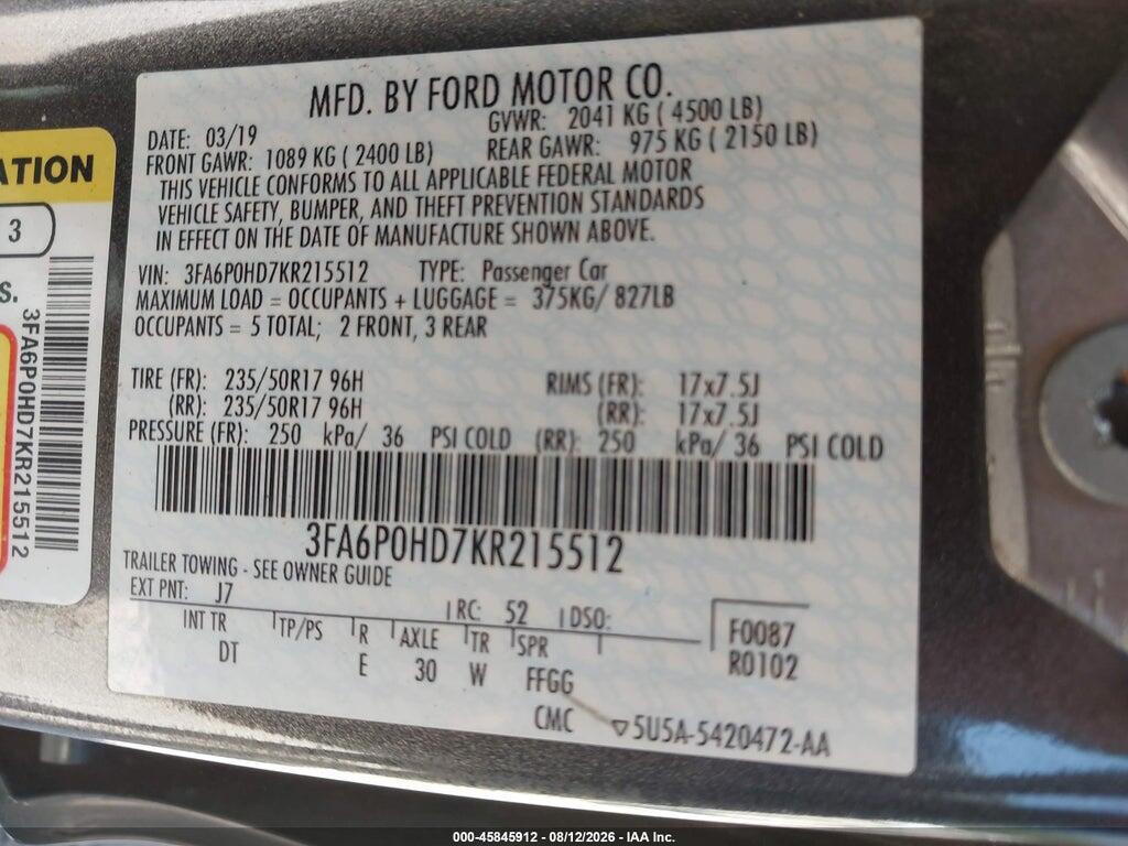 3FA6P0HD7KR215512 2019 FORD FUSION photo no. 9