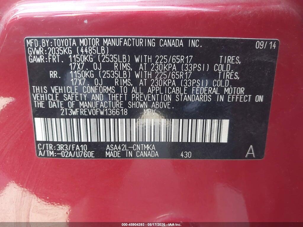 2T3WFREV0FW136618 2015 TOYOTA RAV4 photo no. 9