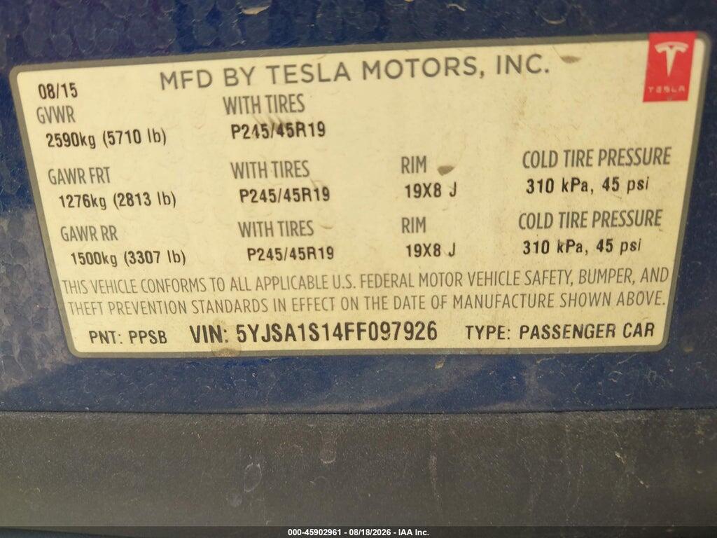 5YJSA1S14FF097926 2015 TESLA MODEL S photo no. 9