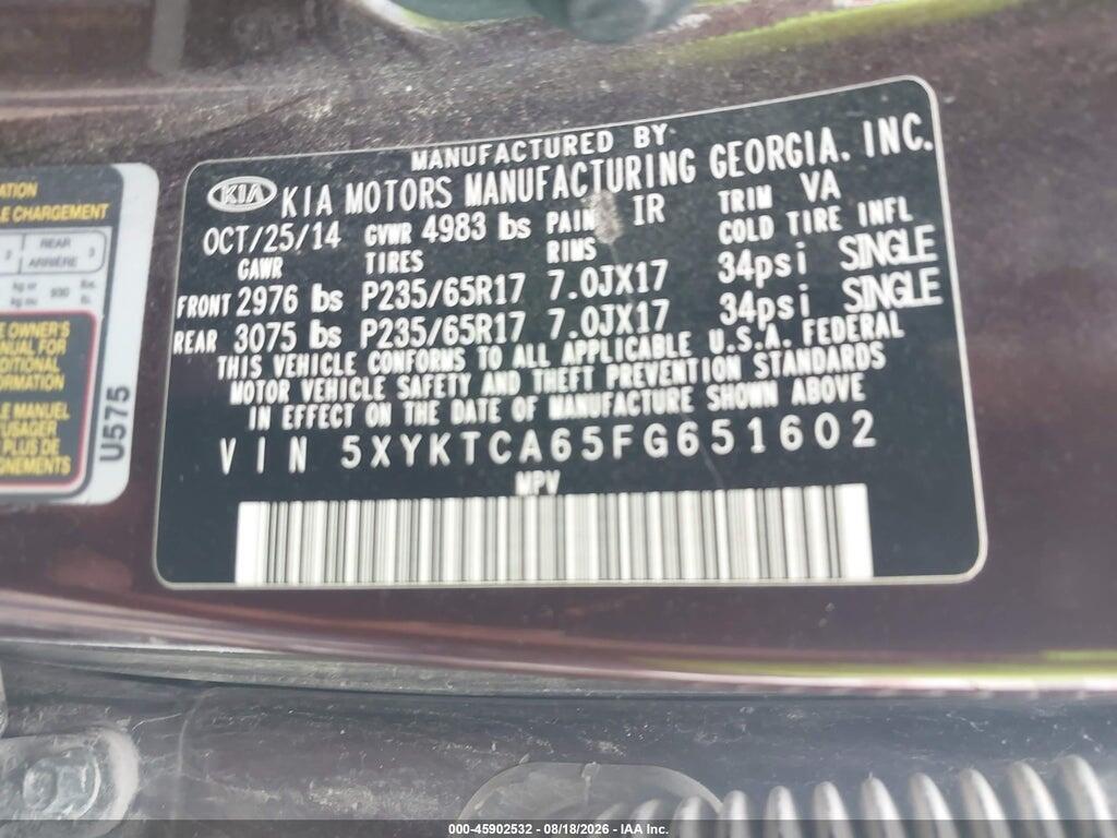 5XYKTCA65FG651602 2015 KIA SORENTO photo no. 9