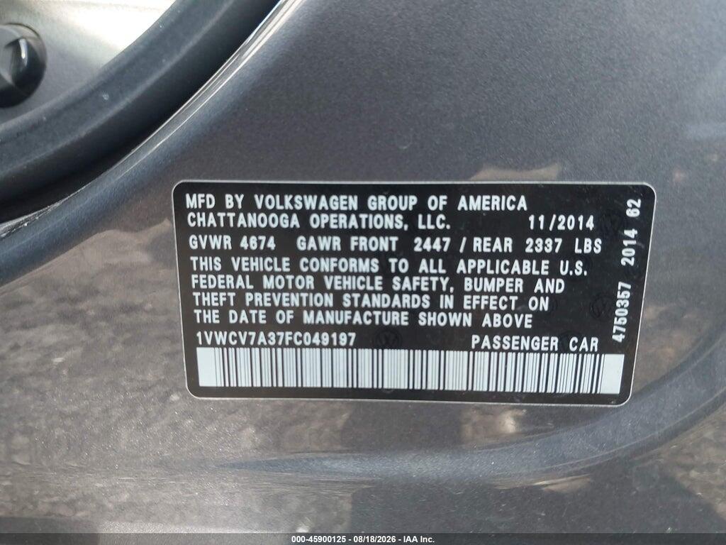 1VWCV7A37FC049197 2015 VOLKSWAGEN PASSAT photo no. 9