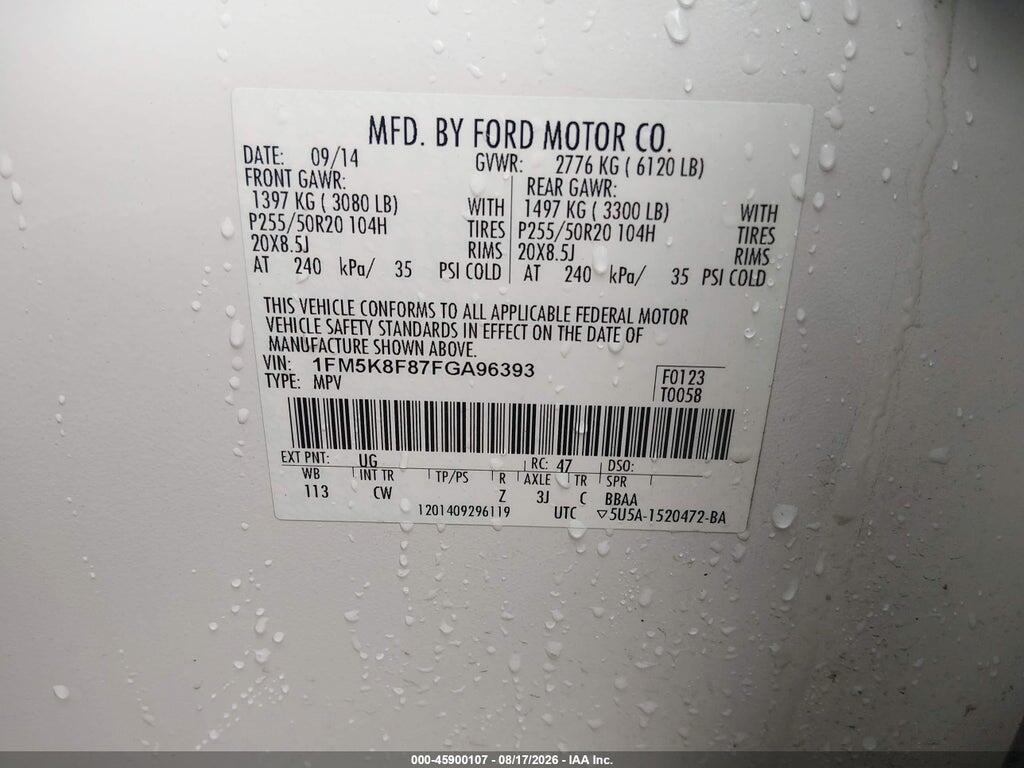 1FM5K8F87FGA96393 2015 FORD EXPLORER photo no. 9