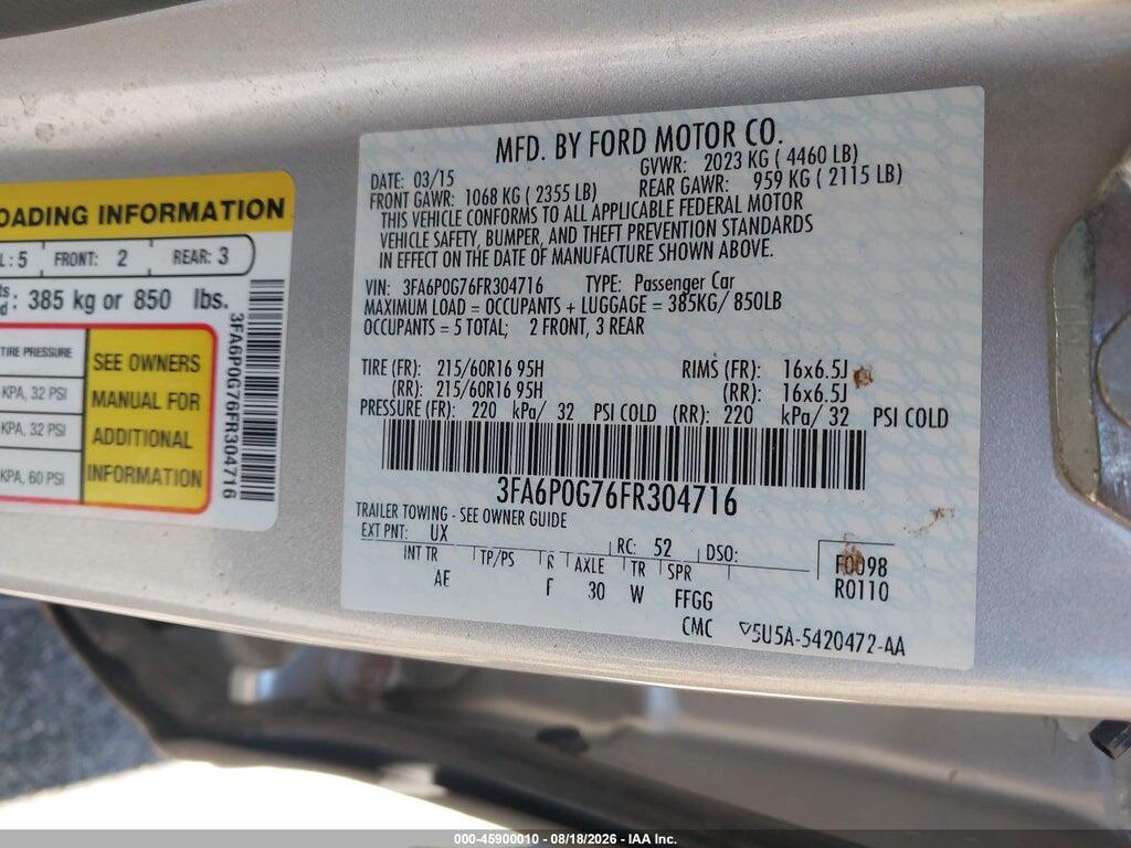 3FA6P0G76FR304716 2015 FORD FUSION photo no. 9