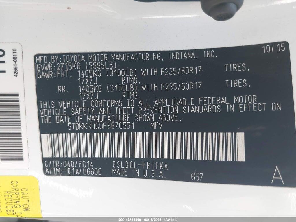 5TDKK3DC0FS670551 2015 TOYOTA SIENNA photo no. 9