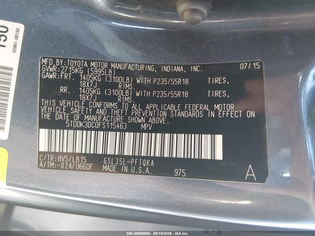 5TDDK3DC0FS115463 2015 TOYOTA SIENNA photo no. 9