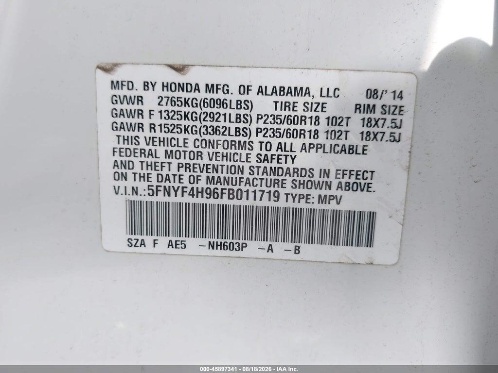 5FNYF4H96FB011719 2015 HONDA PILOT photo no. 9