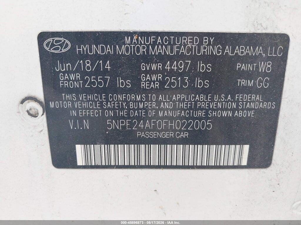 5NPE24AF0FH022005 2015 HYUNDAI SONATA photo no. 9