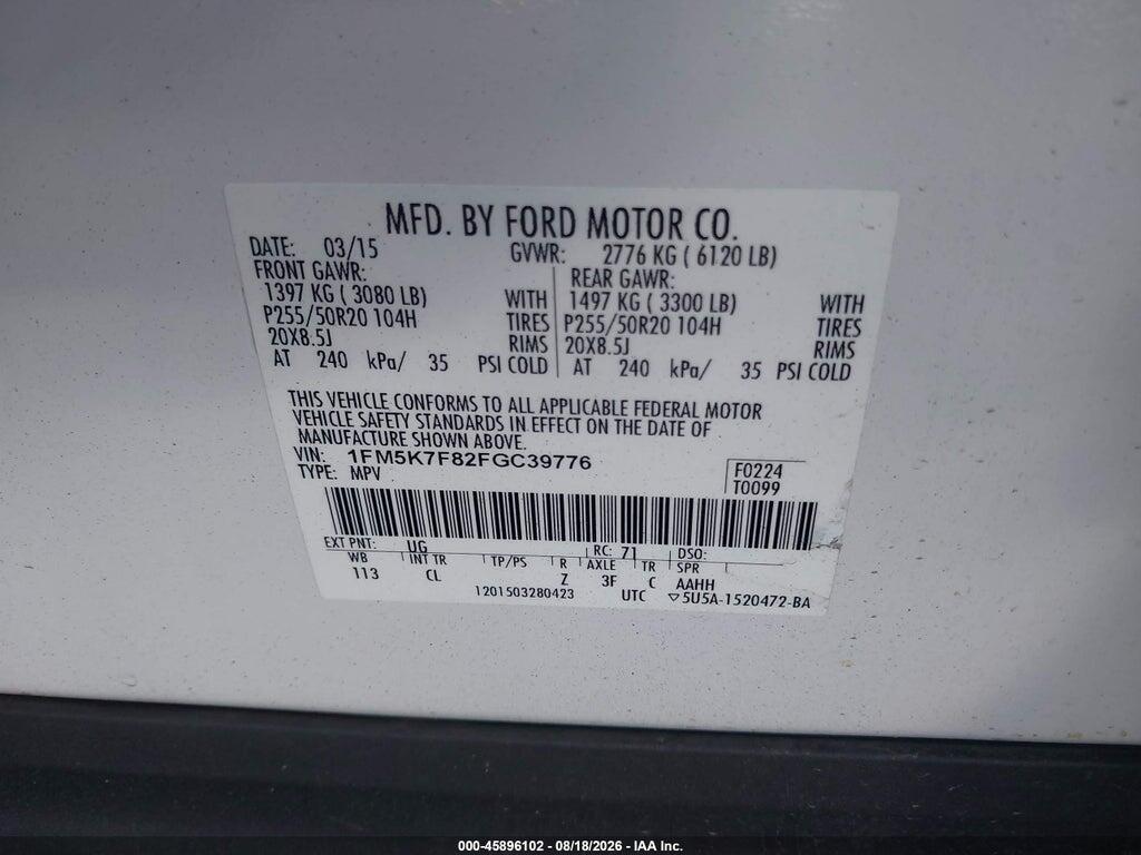 1FM5K7F82FGC39776 2015 FORD EXPLORER photo no. 9