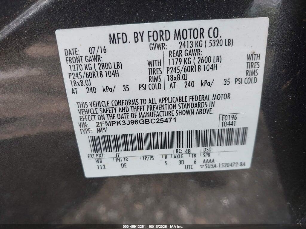 2FMPK3J96GBC25471 2016 FORD EDGE photo no. 9