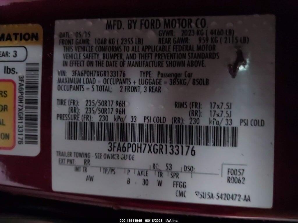 3FA6P0H7XGR133176 2016 FORD FUSION photo no. 9