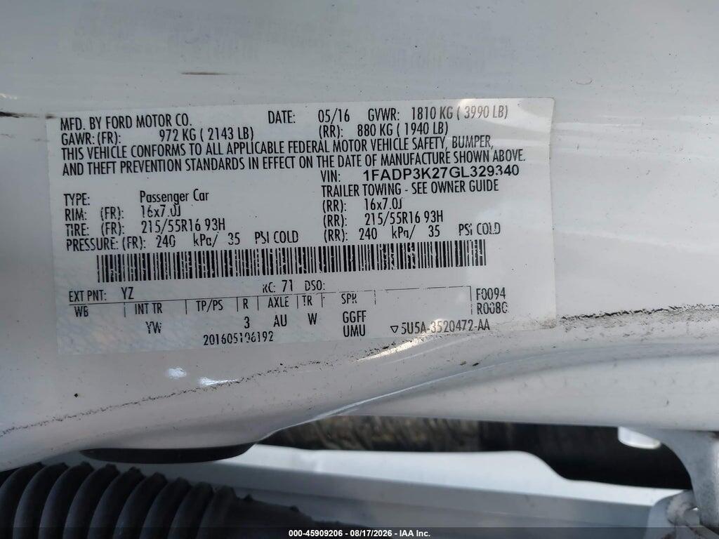 1FADP3K27GL329340 2016 FORD FOCUS photo no. 9