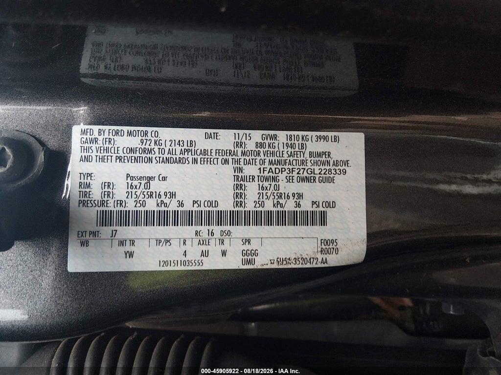 1FADP3F27GL228339 2016 FORD FOCUS photo no. 9