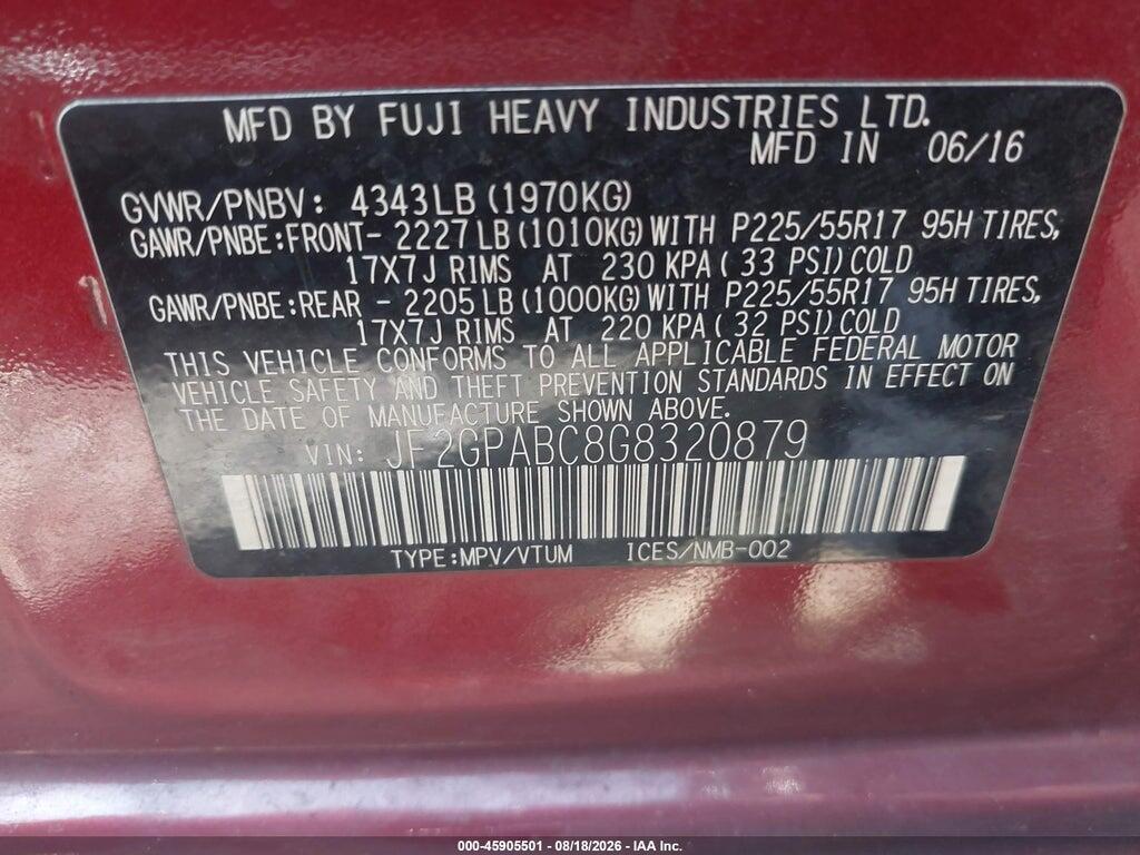 JF2GPABC8G8320879 2016 SUBARU CROSSTREK photo no. 9
