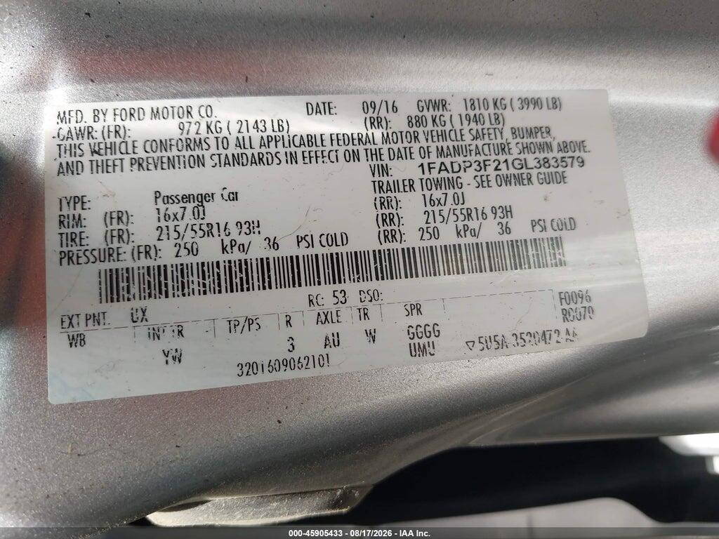 1FADP3F21GL383579 2016 FORD FOCUS photo no. 9