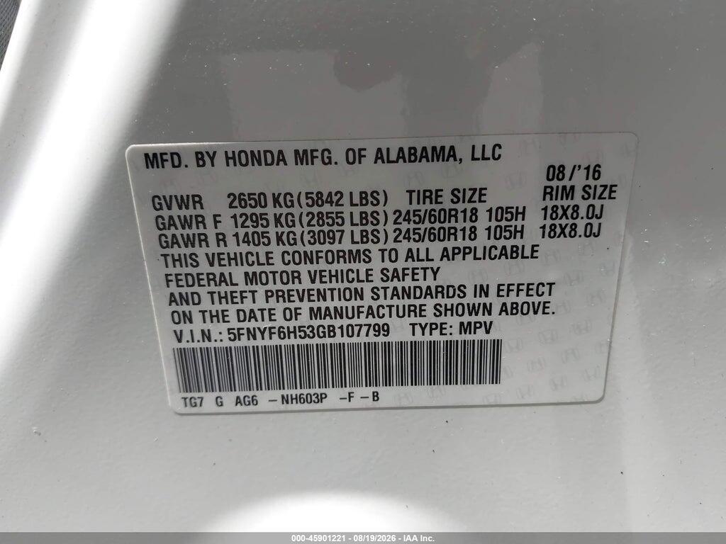 5FNYF6H53GB107799 2016 HONDA PILOT photo no. 9