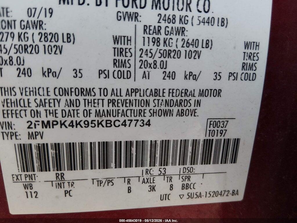 2FMPK4K95KBC47734 2019 FORD EDGE photo no. 9