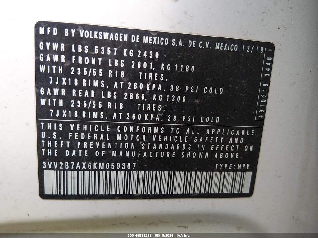 3VV2B7AX6KM059367 2019 VOLKSWAGEN TIGUAN photo no. 9