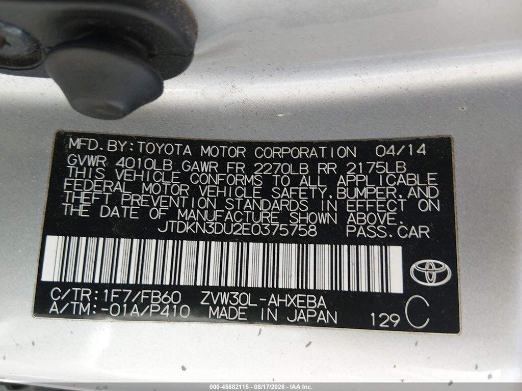 JTDKN3DU2E0375758 2014 TOYOTA PRIUS photo no. 9