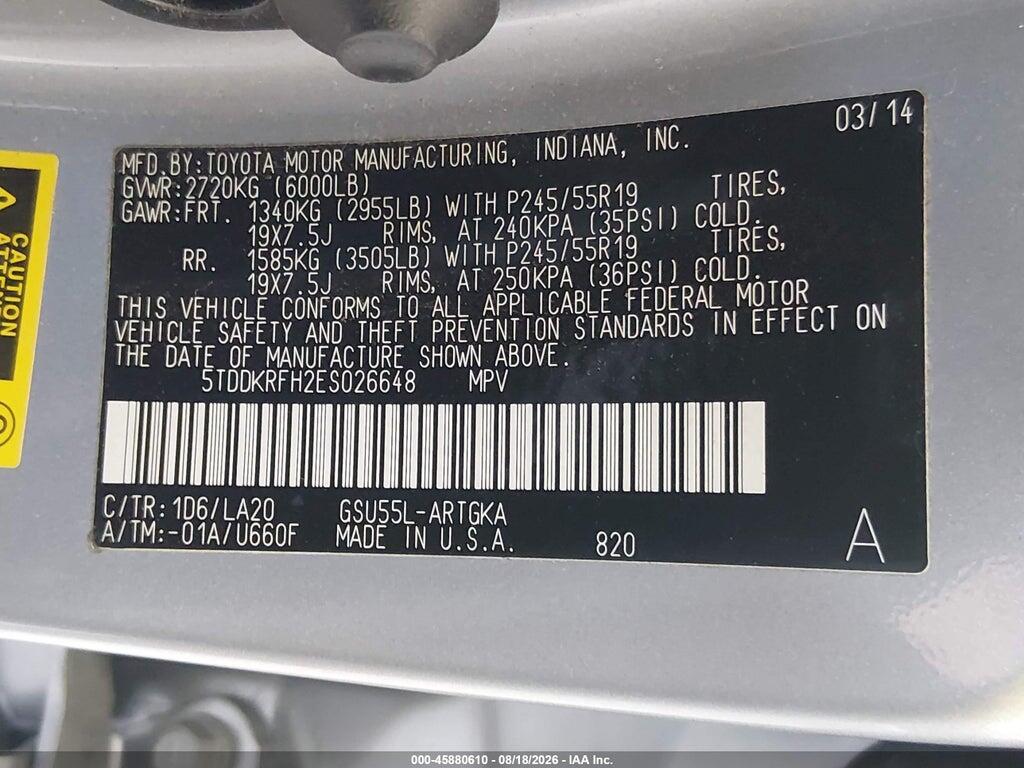 5TDDKRFH2ES026648 2014 TOYOTA HIGHLANDER photo no. 9