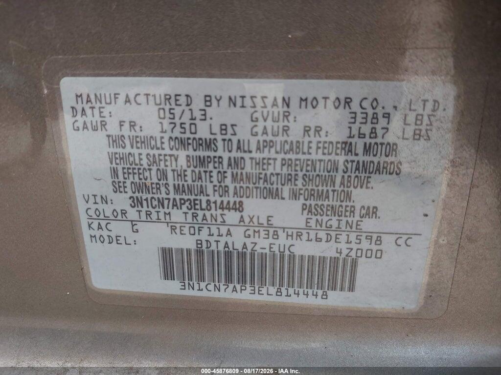 3N1CN7AP3EL814448 2014 NISSAN VERSA photo no. 9