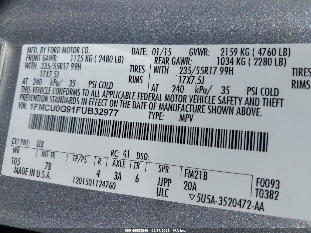 1FMCU0G91FUB32977 2015 FORD ESCAPE photo no. 9
