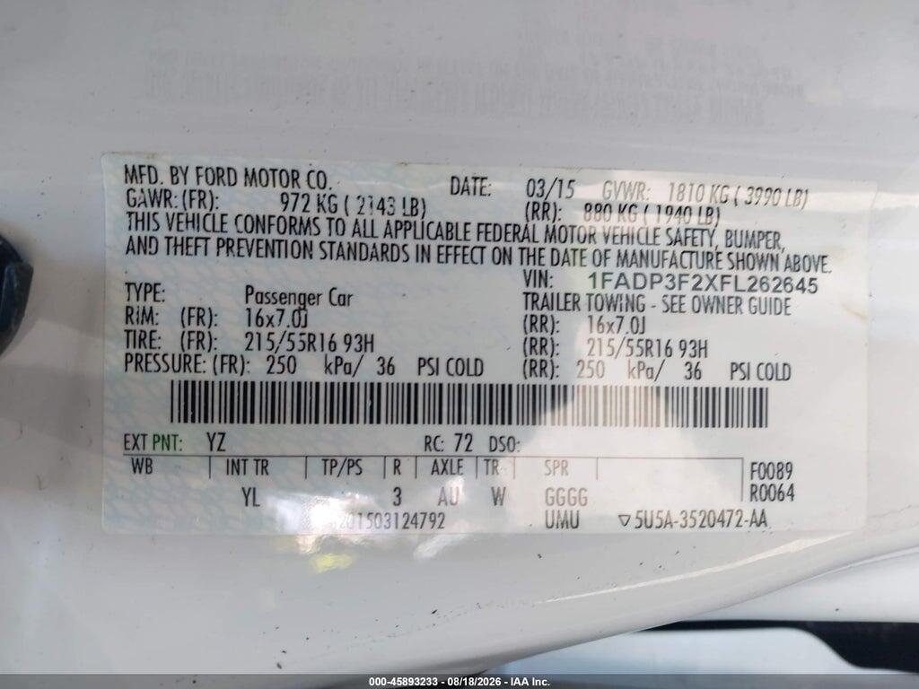 1FADP3F2XFL262645 2015 FORD FOCUS photo no. 9