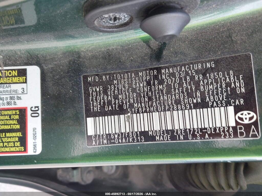 5YFBPRHE0FP288691 2015 TOYOTA COROLLA photo no. 9