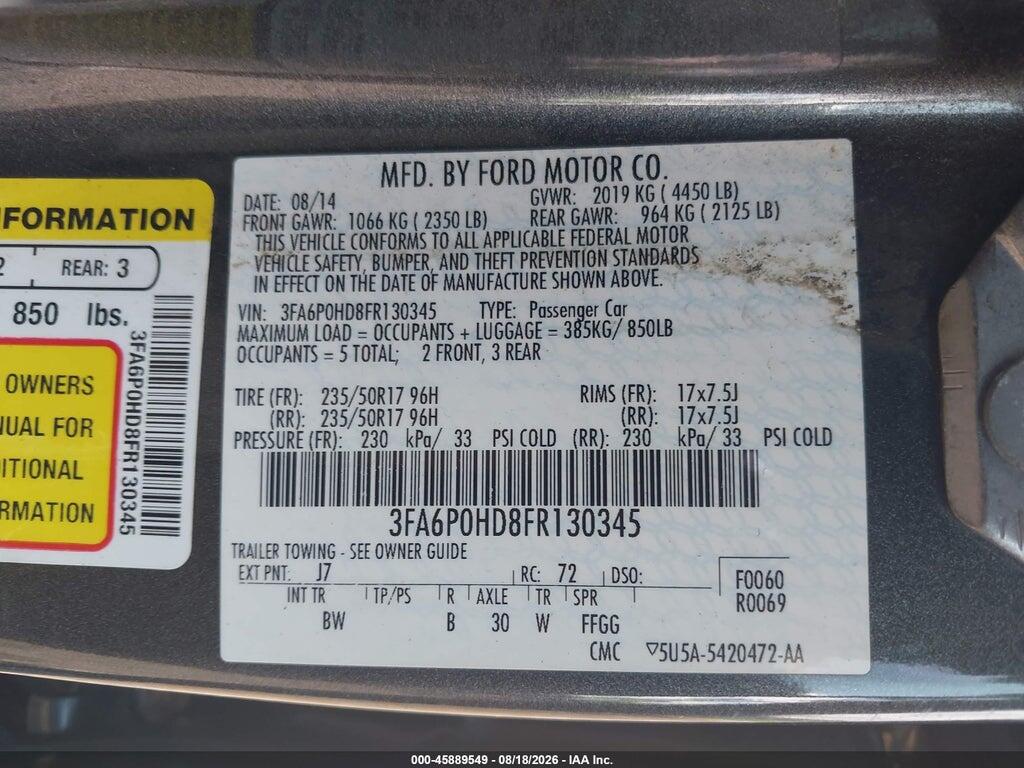 3FA6P0HD8FR130345 2015 FORD FUSION photo no. 9