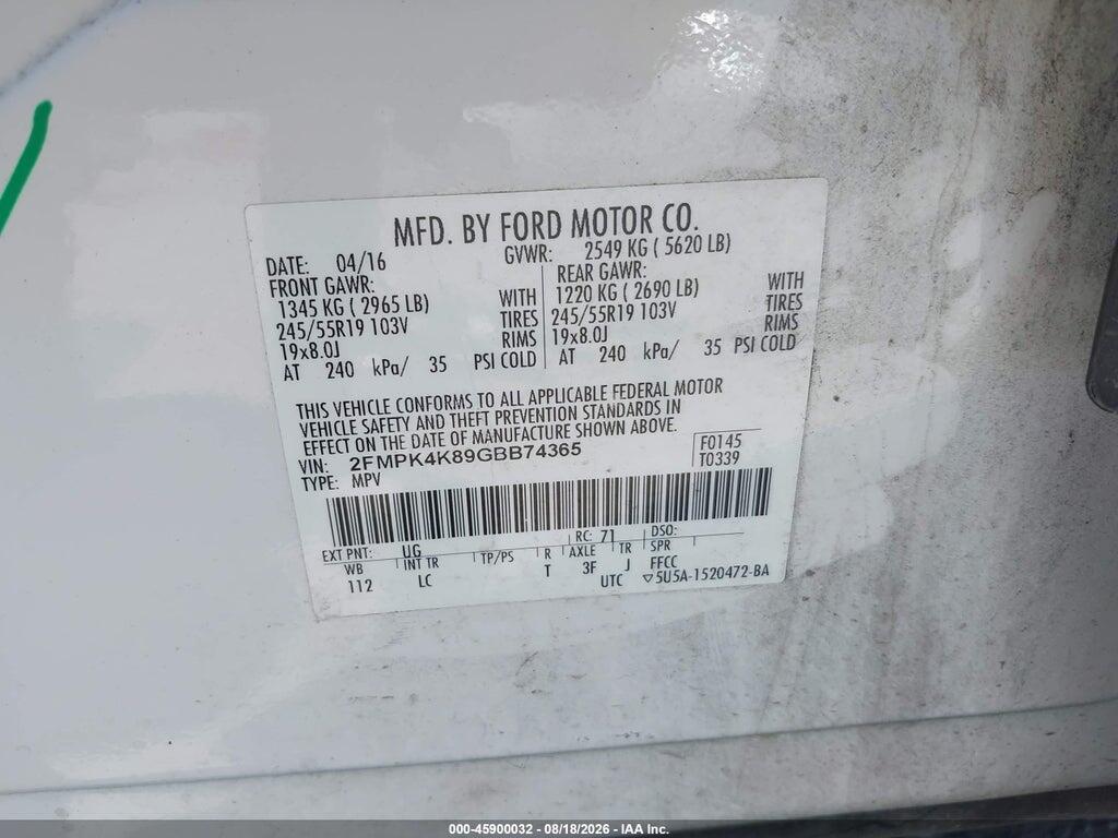 2FMPK4K89GBB74365 2016 FORD EDGE photo no. 9
