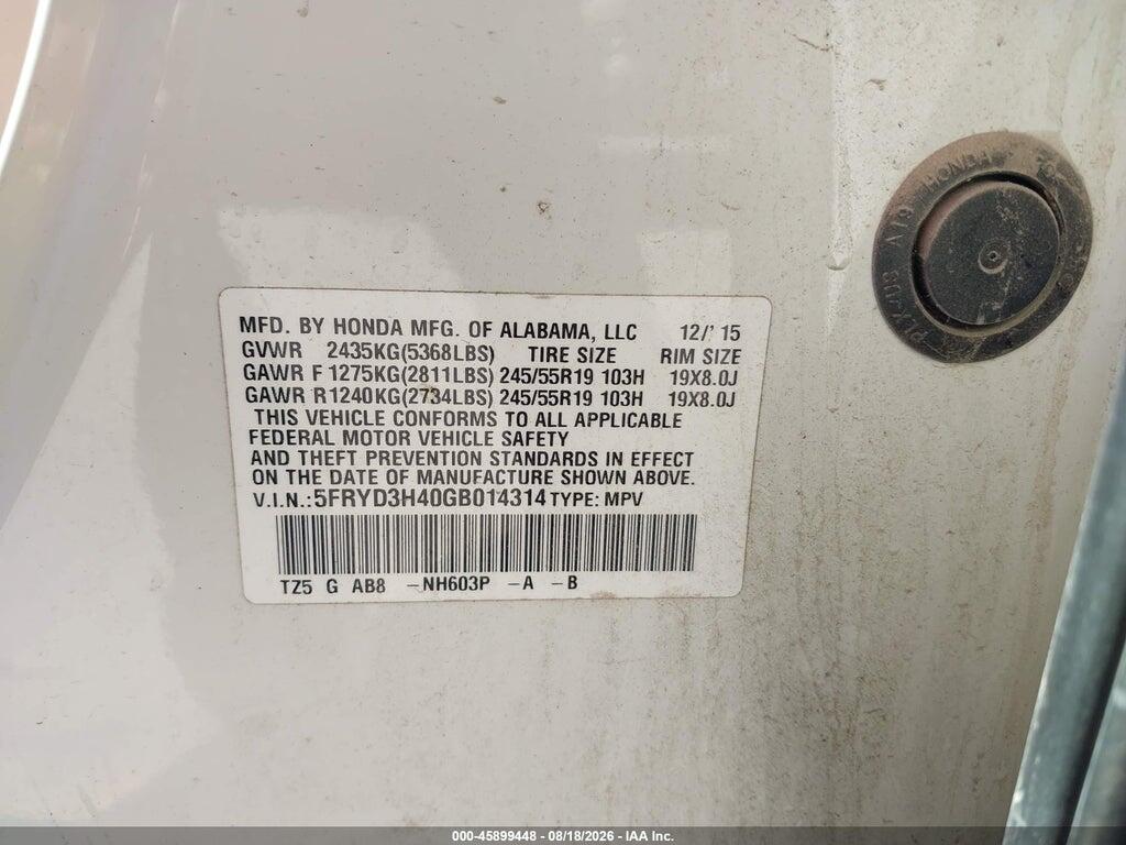 5FRYD3H40GB014314 2016 ACURA MDX photo no. 9