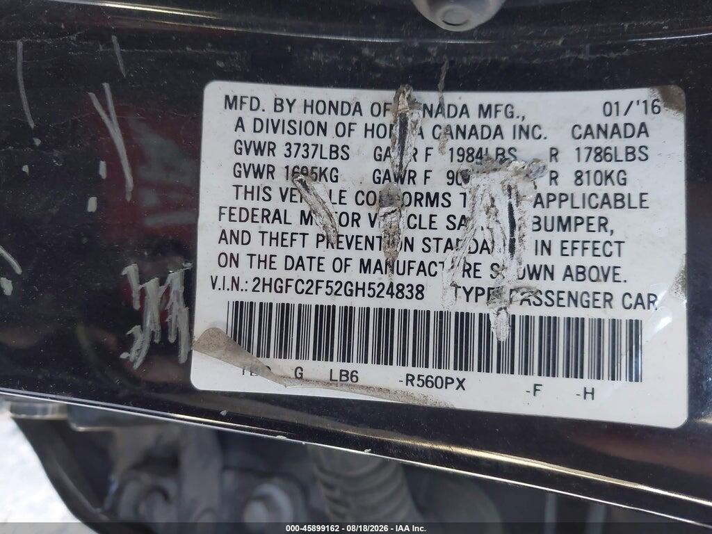 2HGFC2F52GH524838 2016 HONDA CIVIC photo no. 9