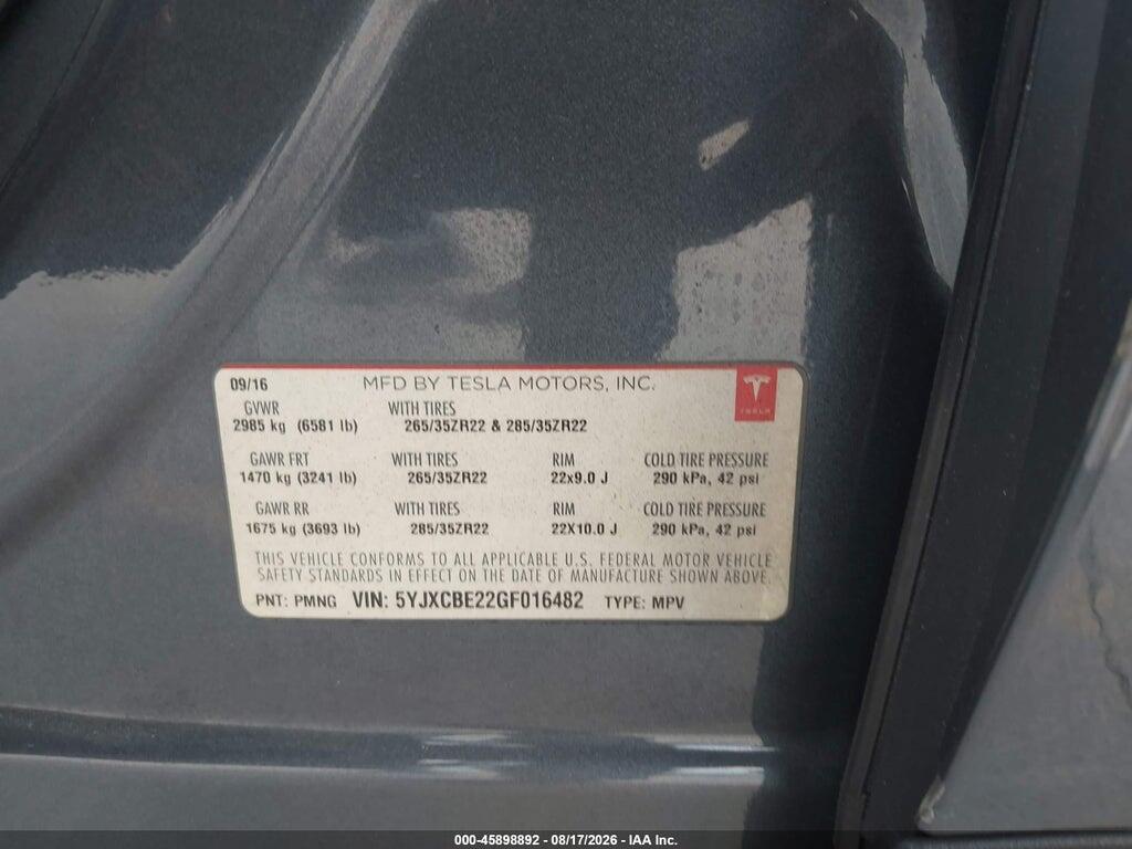 5YJXCBE22GF016482 2016 TESLA MODEL X photo no. 9