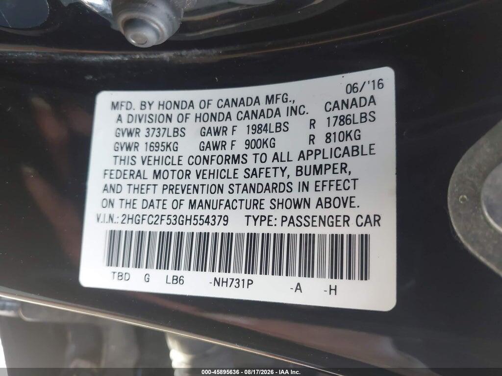 2HGFC2F53GH554379 2016 HONDA CIVIC photo no. 9