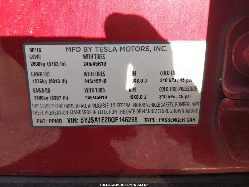 5YJSA1E20GF146268 2016 TESLA MODEL S photo no. 9