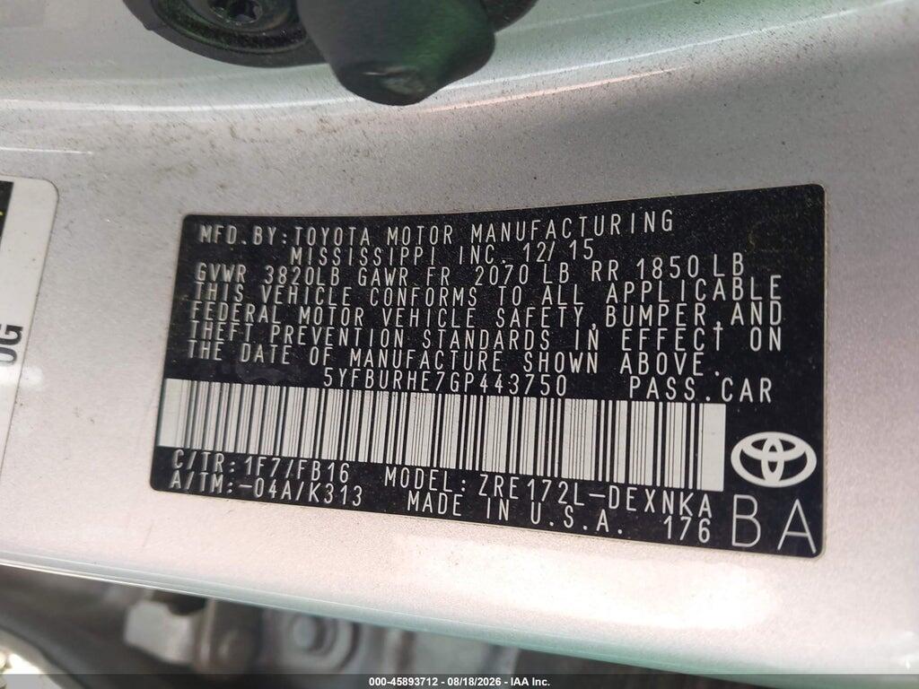 5YFBURHE7GP443750 2016 TOYOTA COROLLA photo no. 9