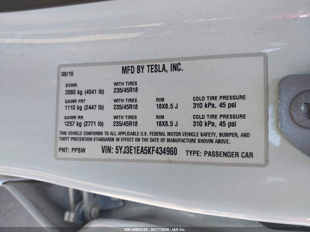 5YJ3E1EA5KF434960 2019 TESLA MODEL 3 photo no. 9