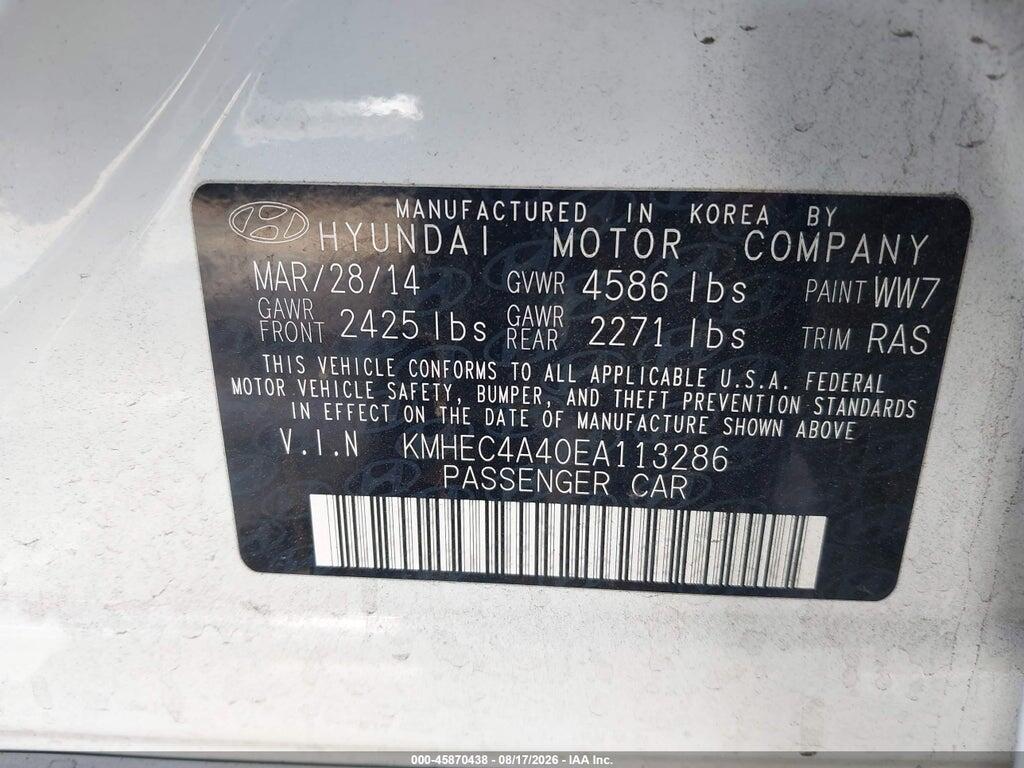 KMHEC4A40EA113286 2014 HYUNDAI SONATA HYBRID photo no. 9