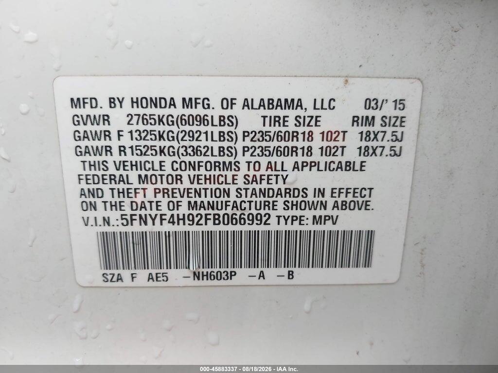 5FNYF4H92FB066992 2015 HONDA PILOT photo no. 9