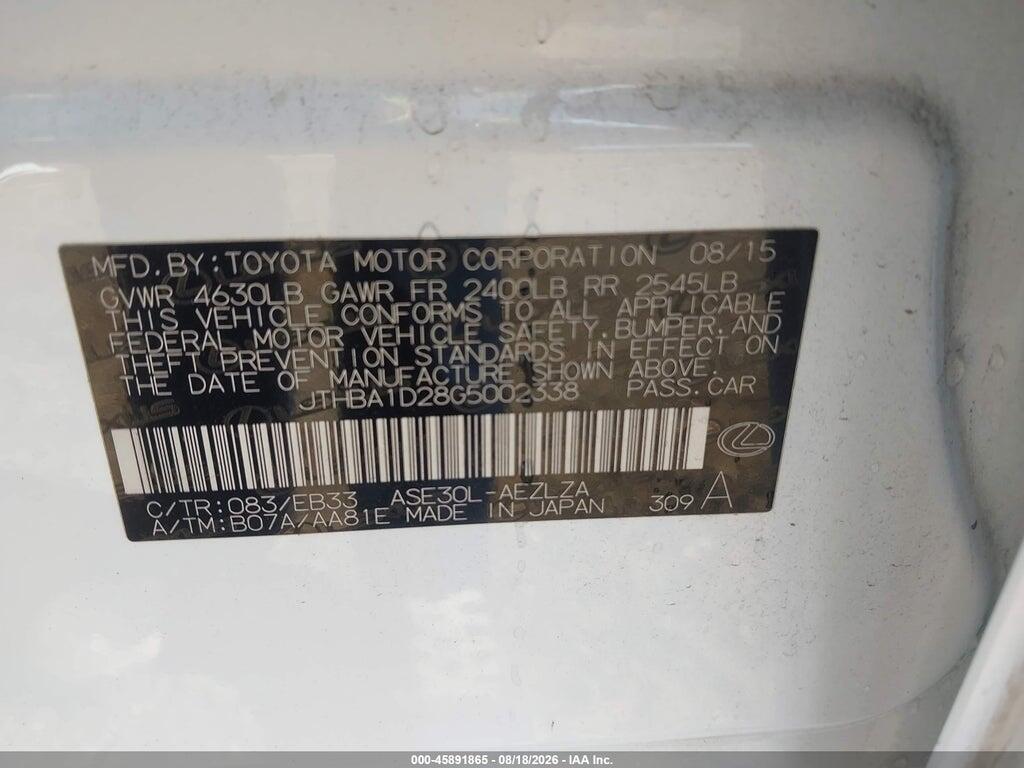 JTHBA1D28G5002338 2016 LEXUS IS 200T photo no. 9