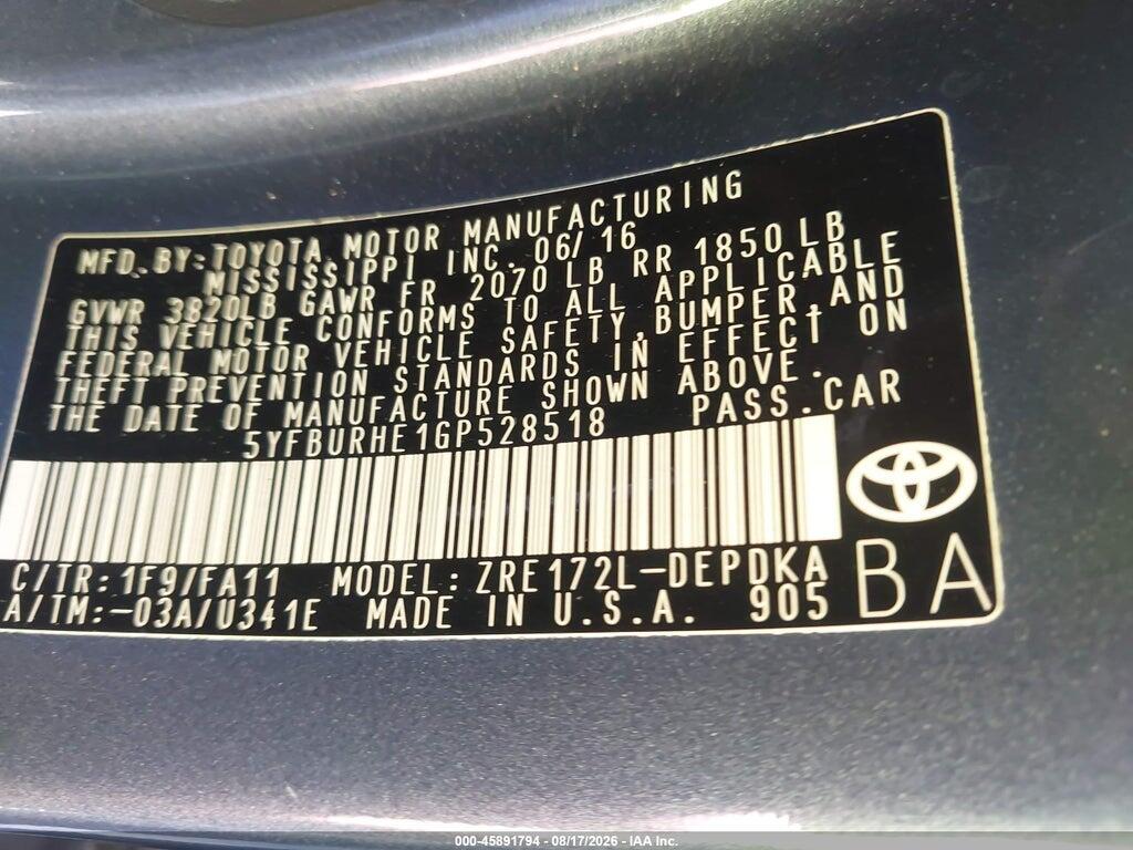 5YFBURHE1GP528518 2016 TOYOTA COROLLA photo no. 9
