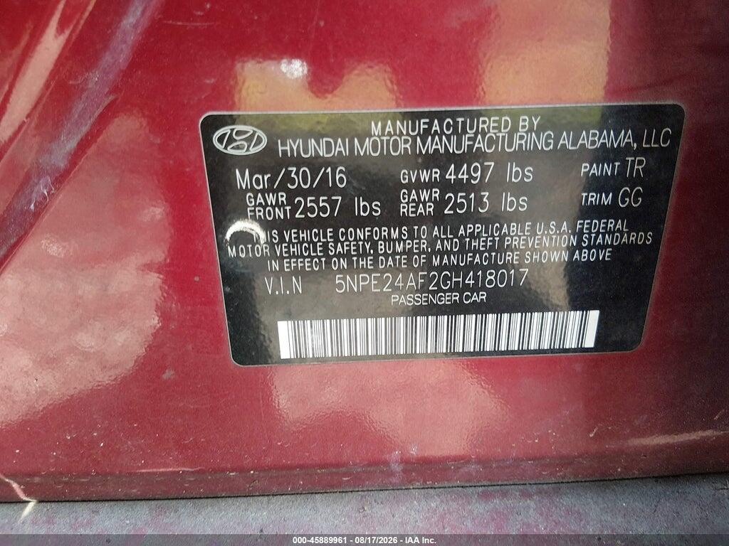 5NPE24AF2GH418017 2016 HYUNDAI SONATA photo no. 9