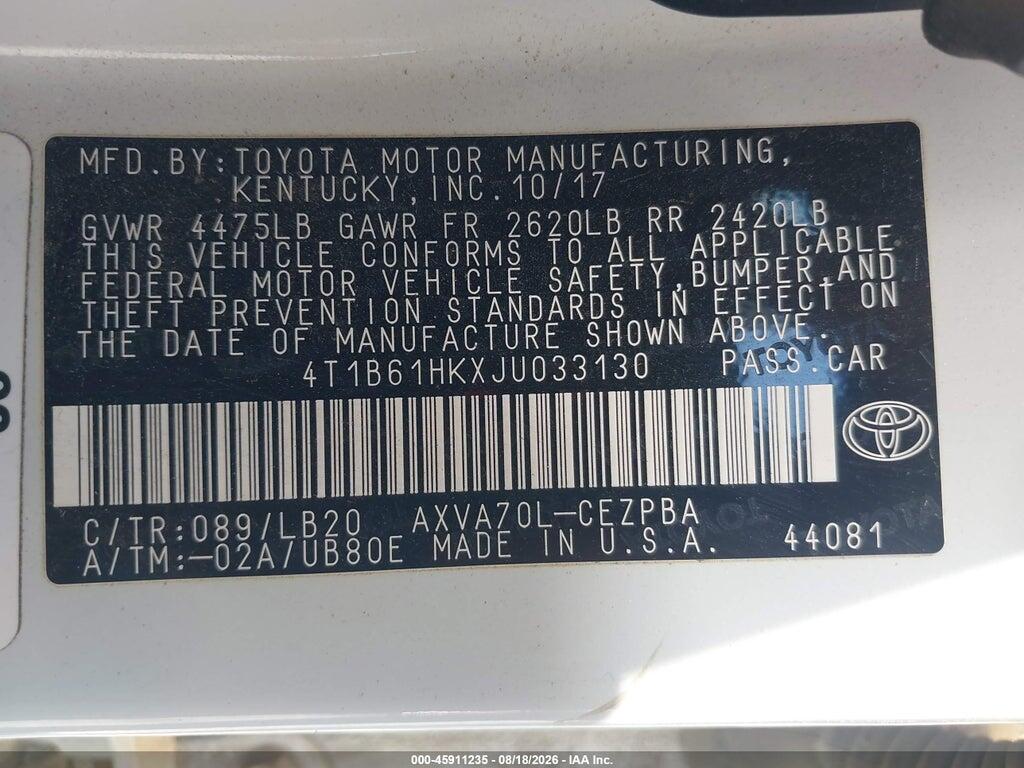 4T1B61HKXJU033130 2018 TOYOTA CAMRY photo no. 9